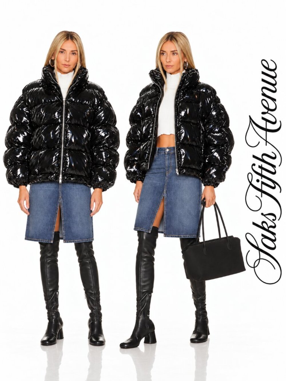 💥HOT ITEM💥Saks Fifth Avenue Black Glossy Patent Leather Quilted Puffer Jacket